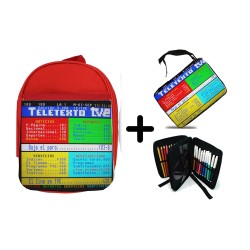 PACK MOCHILA ROJA Y ESTUCHE television tv antigua teletexto retro material escolar