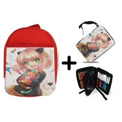 PACK MOCHILA ROJA Y ESTUCHE ania spy family serie anime kawaii cute linda material escolar