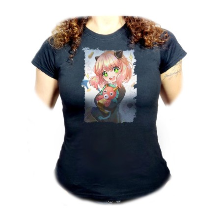 CAMISETA NEGRA MUJER ania spy family serie anime kawaii cute linda oferta personalizada