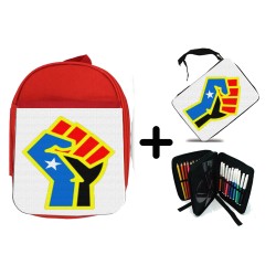 PACK MOCHILA ROJA Y ESTUCHE bandera logo independencia trans ley feminista material escolar