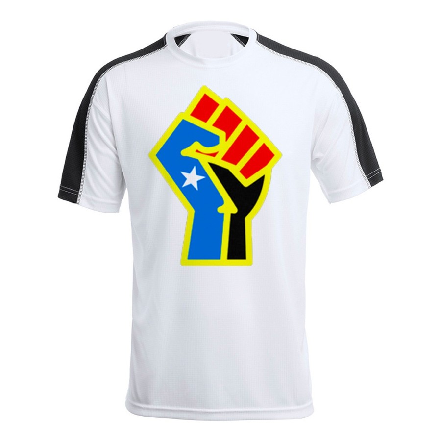 CAMISETA TÉCNICA FRANJA MANGAS NEGRA bandera logo independencia trans ley feminista personalizada