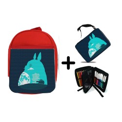 PACK MOCHILA ROJA Y ESTUCHE totoro viaje fantasia logo anime pelicula material escolar