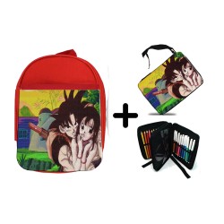 PACK MOCHILA ROJA Y ESTUCHE goku y chichi anime shonen dragon ball z material escolar