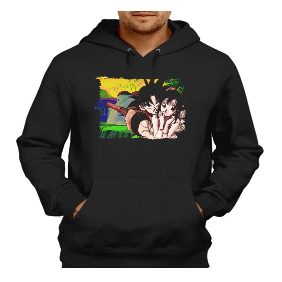 SUDADERA NEGRA CON CAPUCHA goku y chichi anime shonen dragon ball z adulto poliester algodón personalizada