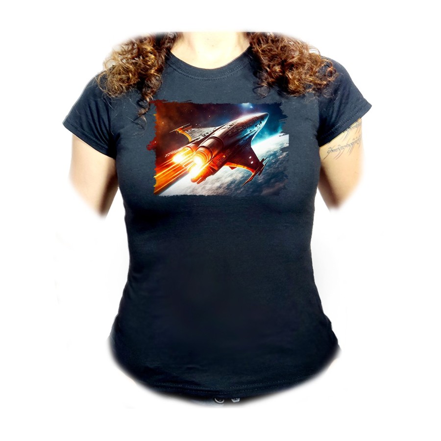 CAMISETA NEGRA MUJER nave espacio cosmos estrellas planetas ovni uap oferta personalizada