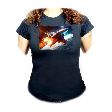 CAMISETA NEGRA MUJER nave espacio cosmos estrellas planetas ovni uap oferta personalizada