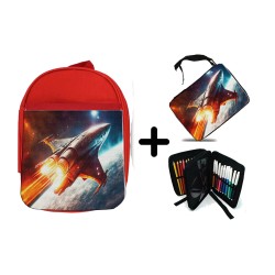 PACK MOCHILA ROJA Y ESTUCHE nave espacio cosmos estrellas planetas ovni uap material escolar