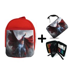 PACK MOCHILA ROJA Y ESTUCHE superhombre superheroe hombre con capa material escolar