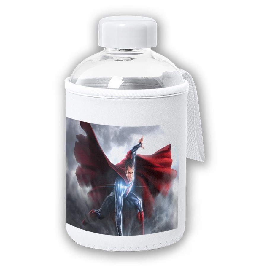 BIDON CRISTAL CON FUNDA SOFT SHELL superhombre superheroe hombre con capa tapon seguridad botella