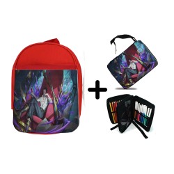 PACK MOCHILA ROJA Y ESTUCHE dracule mihawk castillo espadachín one piece zoro material escolar