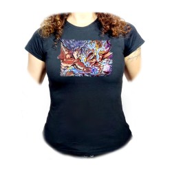 CAMISETA NEGRA MUJER luffy gear five 5 vs goku ultra instinto limit breaker oferta personalizada