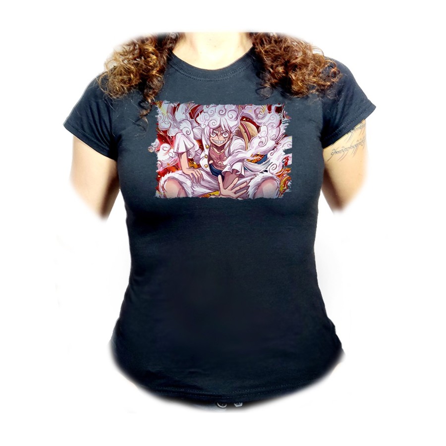 CAMISETA NEGRA MUJER one piece luffy forma gear 5 hito no mi pirata nika oferta personalizada