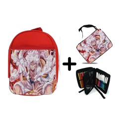 PACK MOCHILA ROJA Y ESTUCHE one piece luffy forma gear 5 hito no mi pirata nika material escolar