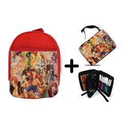 PACK MOCHILA ROJA Y ESTUCHE one piece personajes saga piratas trafalgar zoro material escolar