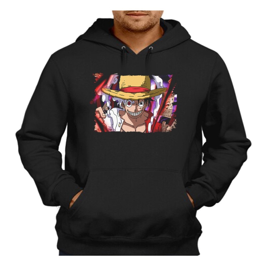 SUDADERA NEGRA CON CAPUCHA luffy nika recompensa one piece mugiwara rey pirata adulto poliester algodón personalizada