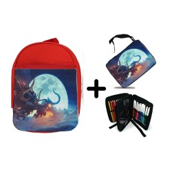 PACK MOCHILA ROJA Y ESTUCHE luffy vs kaido one piece luna wano younkou material escolar