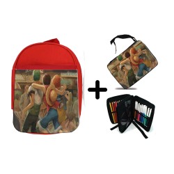 PACK MOCHILA ROJA Y ESTUCHE one piece mugiwara east blue piratas zoro nami luffy material escolar