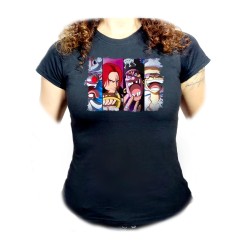 CAMISETA NEGRA MUJER one piece nuevos younkous buggy shanks teach luffy oferta personalizada