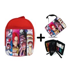 PACK MOCHILA ROJA Y ESTUCHE one piece nuevos younkous buggy shanks teach luffy material escolar