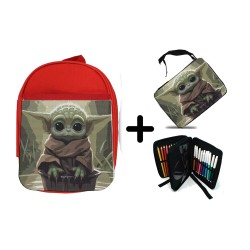 PACK MOCHILA ROJA Y ESTUCHE bebe alien maestro serie galaxia planeta material escolar