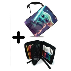 PACK MOCHILA Y ESTUCHE bebe alien maestro sable fuerza galaxia aventura material escolar