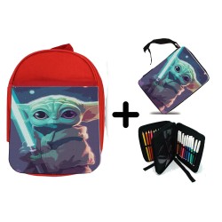 PACK MOCHILA ROJA Y ESTUCHE bebe alien maestro sable fuerza galaxia aventura material escolar