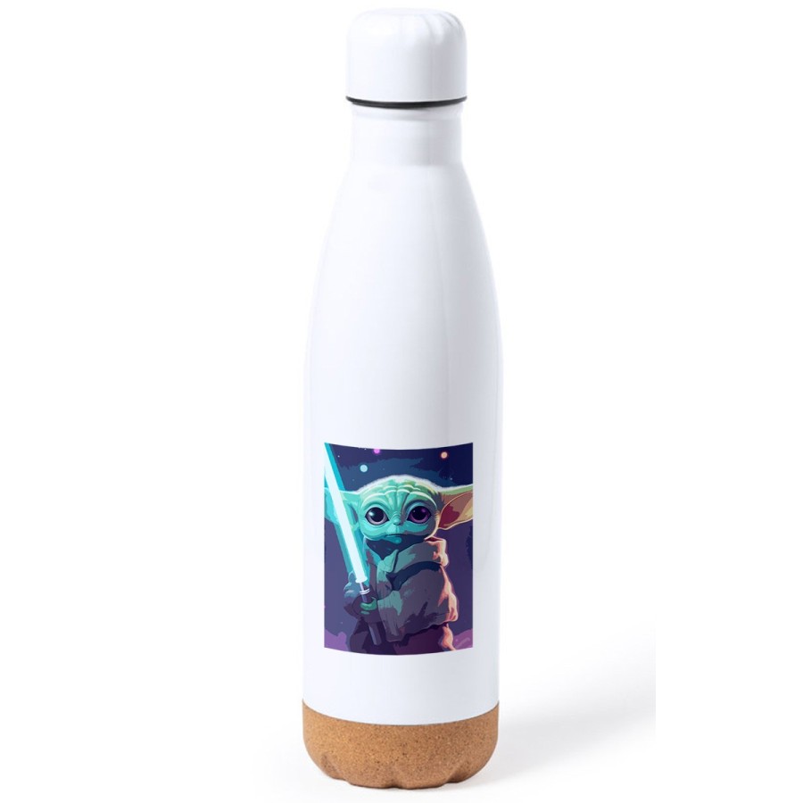 BIDON 750 ML ACERO INOXIDABLE ADORNO DE CORCHO bebe alien maestro sable fuerza galaxia aventura tapon botella