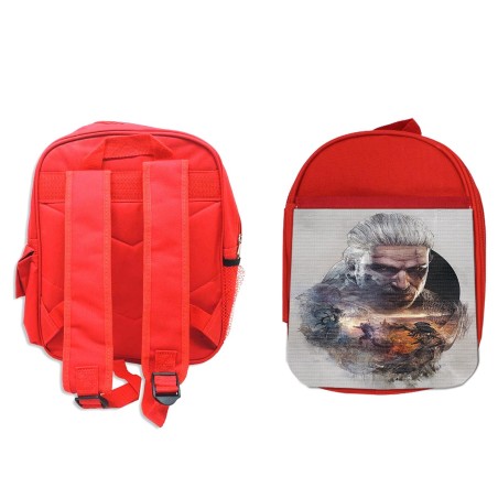 PACK MOCHILA ROJA Y ESTUCHE cazador recompensas medieval brujo guerrero folclore material escolar