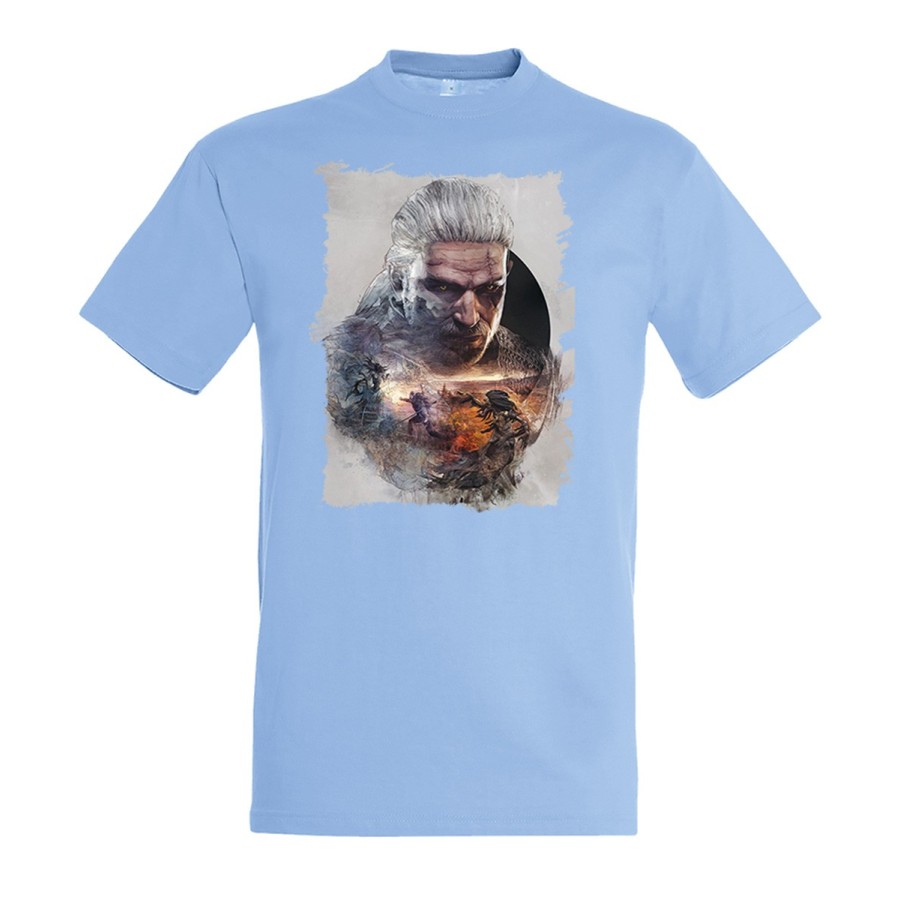 CAMISETA AZUL CIELO cazador recompensas medieval brujo guerrero folclore moda verano personalizada