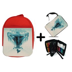 PACK MOCHILA ROJA Y ESTUCHE guerrero cazarecompensas elite el camino del heroe material escolar