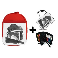 PACK MOCHILA ROJA Y ESTUCHE guerra galaxia cazador mercenario heroe fanart material escolar