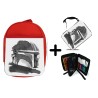 PACK MOCHILA ROJA Y ESTUCHE guerra galaxia cazador mercenario heroe fanart material escolar