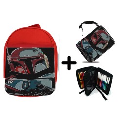 PACK MOCHILA ROJA Y ESTUCHE cazador de recompensas elite heroe galaxia guerra material escolar