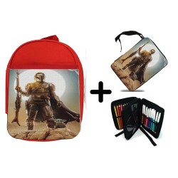 PACK MOCHILA ROJA Y ESTUCHE mercenario de elite heroe de la galaxia guerra material escolar