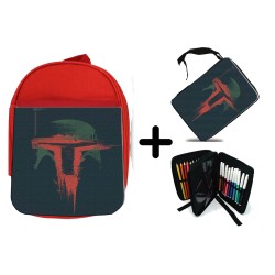 PACK MOCHILA ROJA Y ESTUCHE cazador recompensas heroe guerra galaxia casco material escolar