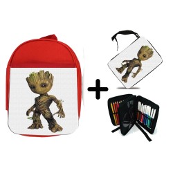 PACK MOCHILA ROJA Y ESTUCHE hombre hombrecillo arbol semilla superheroe heroe material escolar