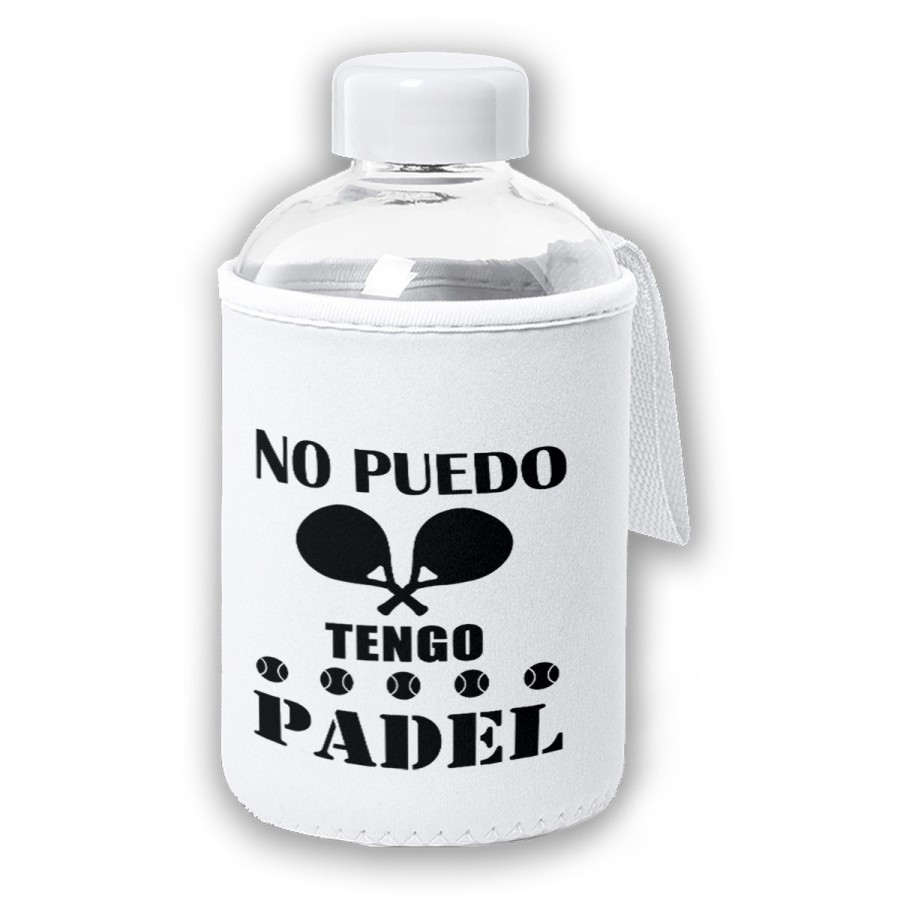 BIDON CRISTAL CON FUNDA SOFT SHELL no puedo tengo padel frase graciosa meme tapon seguridad botella
