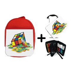 PACK MOCHILA ROJA Y ESTUCHE cubo de rubik derretido derritiendose meme material escolar