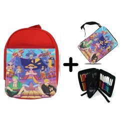 PACK MOCHILA ROJA Y ESTUCHE serie anime onepiece fanart personajes canicatura material escolar