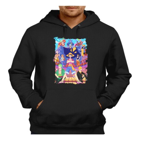 SUDADERA NEGRA CON CAPUCHA serie anime onepiece fanart personajes canicatura adulto poliester algodón personalizada