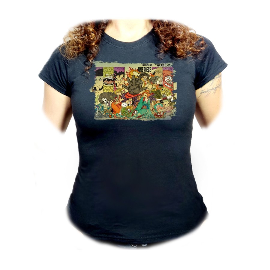 CAMISETA NEGRA MUJER one piece rey pirata wano samurais katana oferta personalizada
