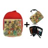 PACK MOCHILA ROJA Y ESTUCHE one piece rey pirata wano samurais katana material escolar