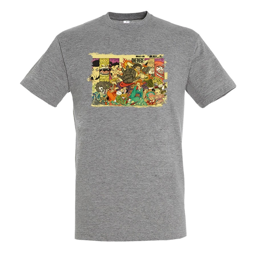 CAMISETA GRIS MEZCLA one piece rey pirata wano samurais katana moda verano personalizada