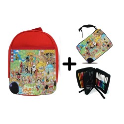 PACK MOCHILA ROJA Y ESTUCHE one piece todos minks luffy tripulación pirata material escolar