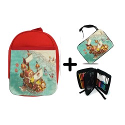 PACK MOCHILA ROJA Y ESTUCHE thousand sunny barco pirata mugiwara one piece playa material escolar