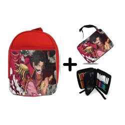 PACK MOCHILA ROJA Y ESTUCHE one piece rey pirata gold d. roger luffy espada material escolar