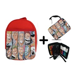 PACK MOCHILA ROJA Y ESTUCHE one piece piratas peor generación luffy franjas material escolar