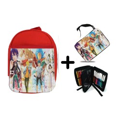 PACK MOCHILA ROJA Y ESTUCHE sangri la frontier serie personajes v mmorpg jrpg material escolar