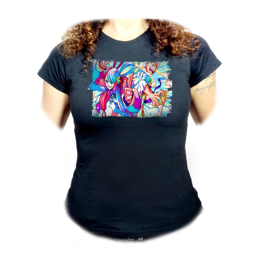 CAMISETA NEGRA MUJER uta y luffy gear 5 pelicula peli red onepiece oferta personalizada