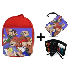 PACK MOCHILA ROJA Y ESTUCHE Los diminutos serie retro personajes caricaturas material escolar